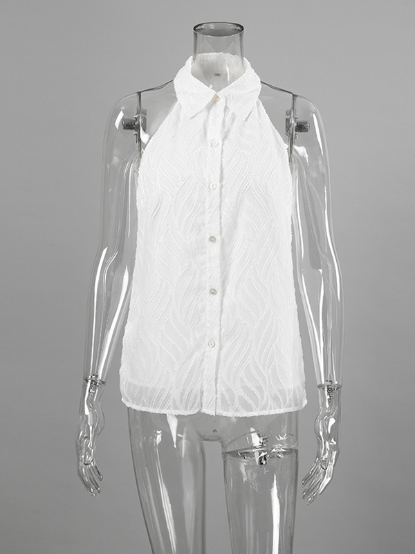Jacquard See-Through Solid Color Sleeveless Lapel Blouses&Shirts Tops