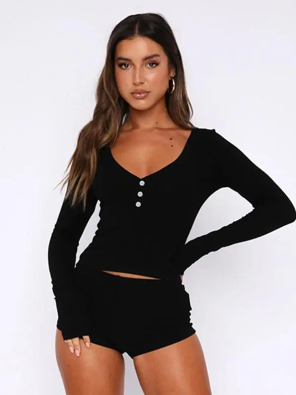 Women's Solid Long Sleeve Crop Top & High Waist Shorts Set