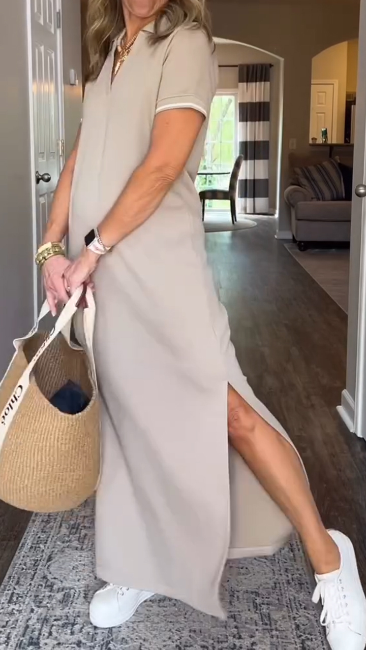 Women's Lapel Slit Long Casual Dress