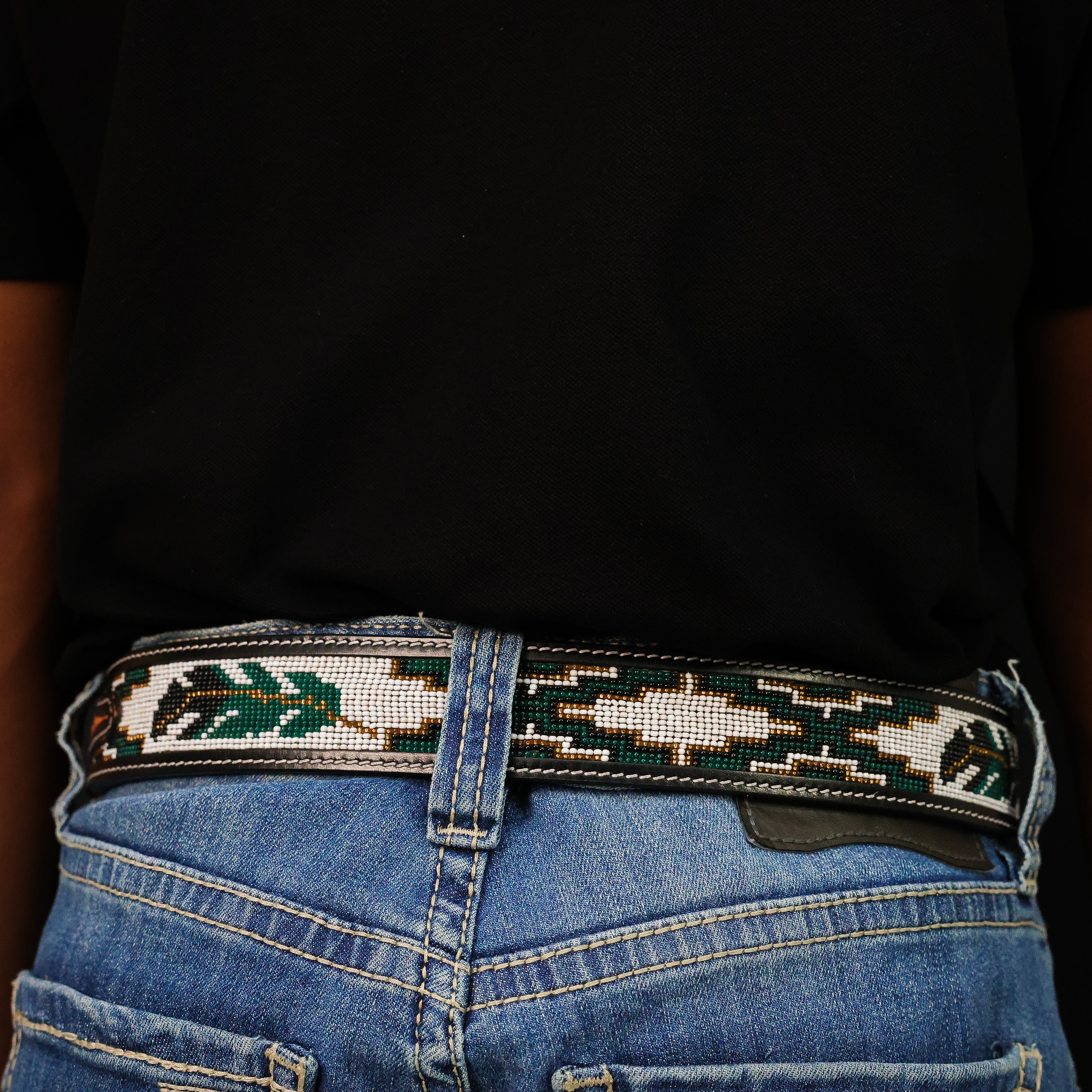 Hand-Tooled Artesanal Beaded Leather Belt