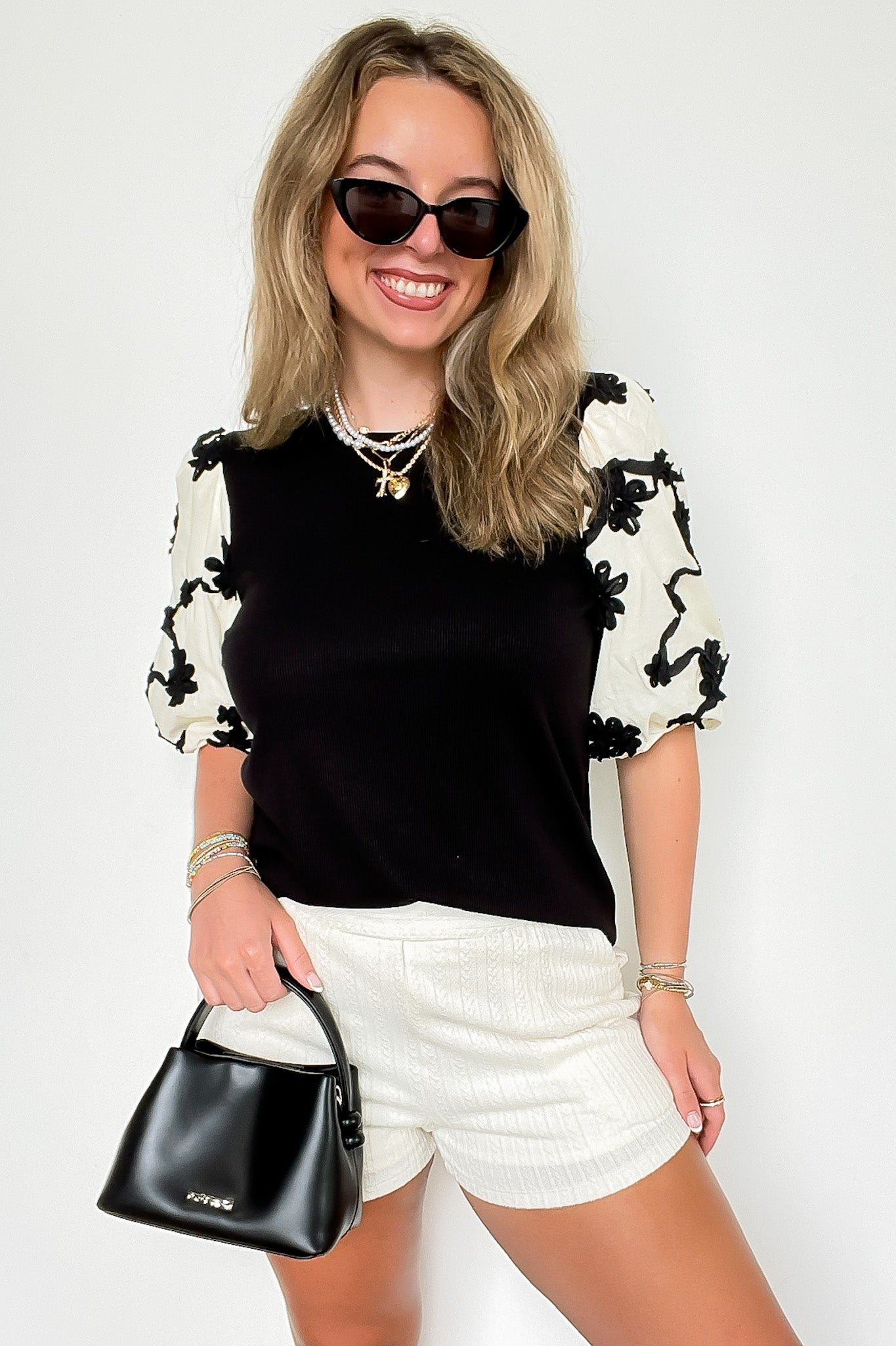 Mix Media Contrast Embroidered Knit Top