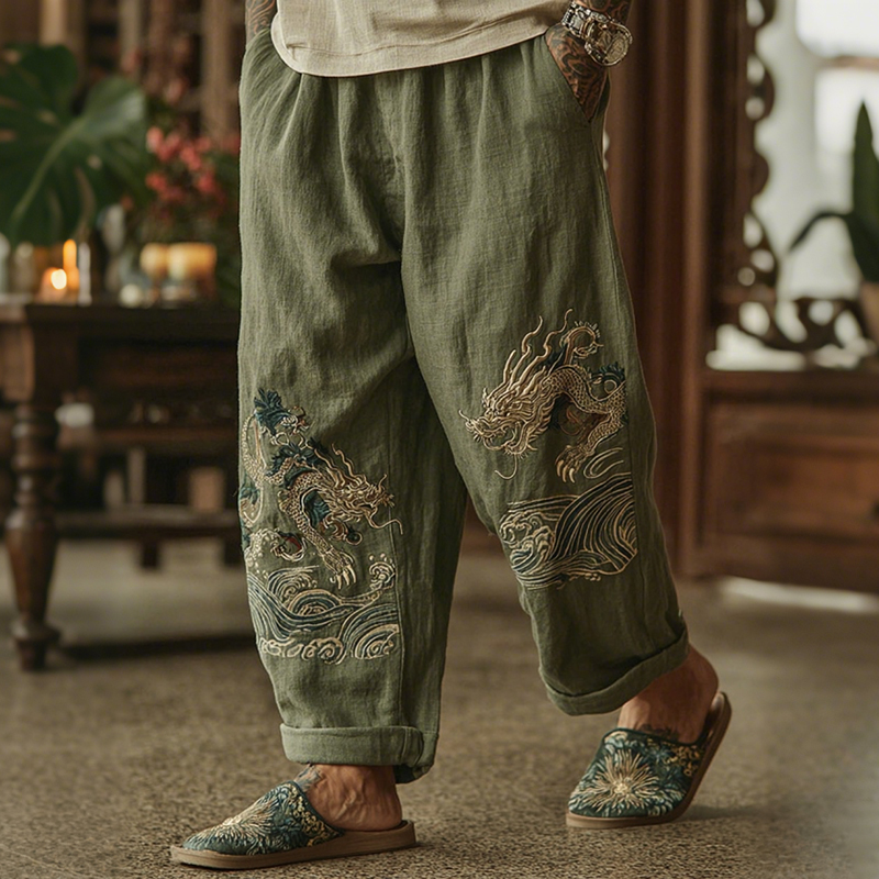 Men's Japanese Bamboo Art Flowy Wide Leg Linen Pants