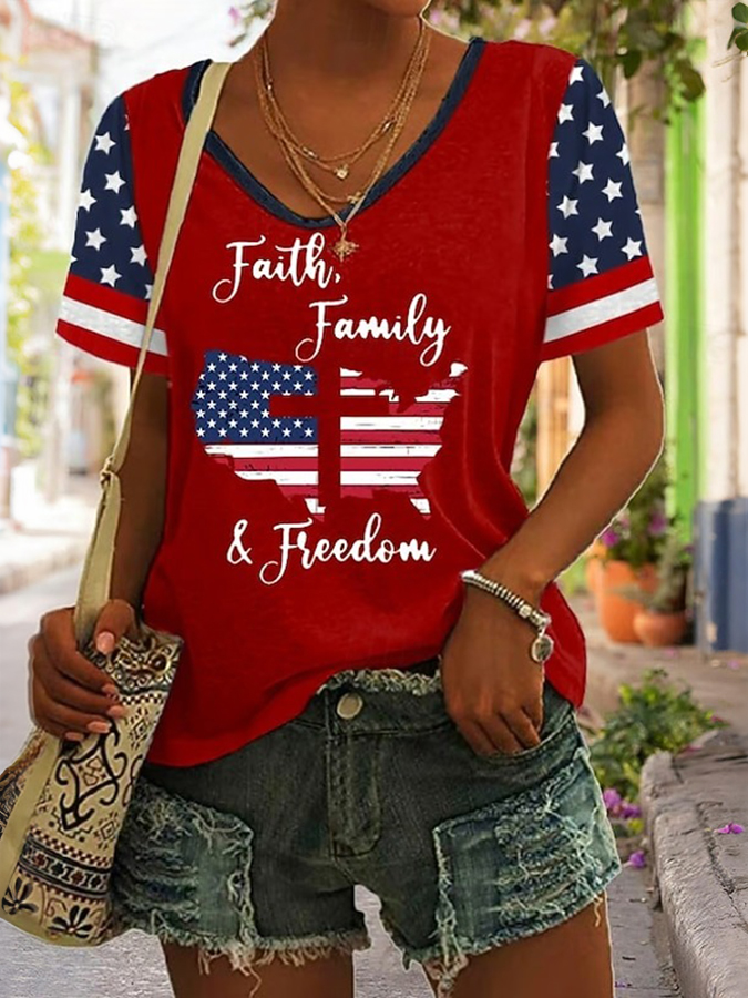 Women'S Casual American Flag Cross Print V-Neck T-Shirt