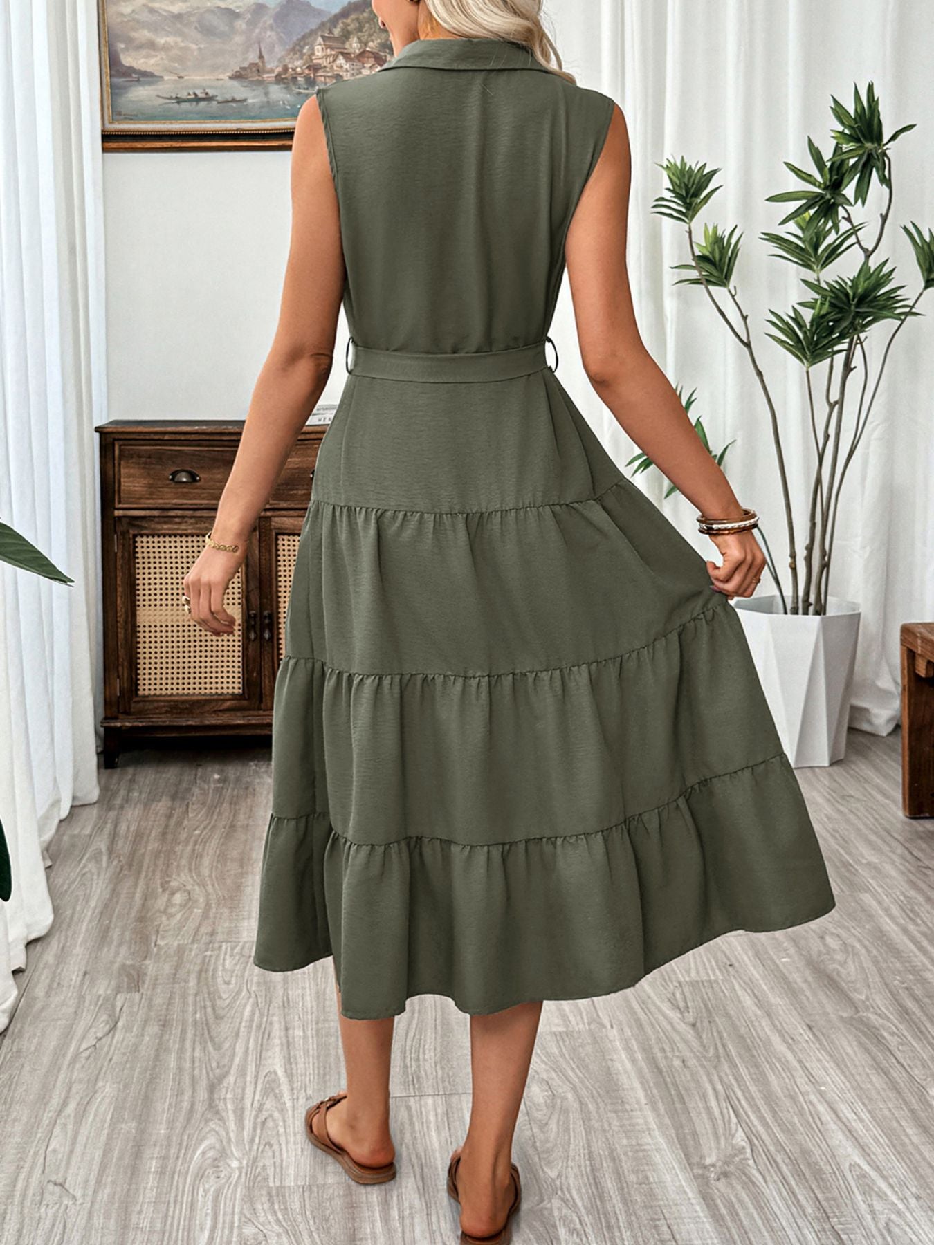 Sleeveless Button-Down Tiered Midi Dress