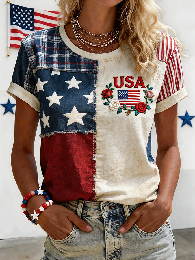 Women's USA Inspired Floral Linen T-Shirt