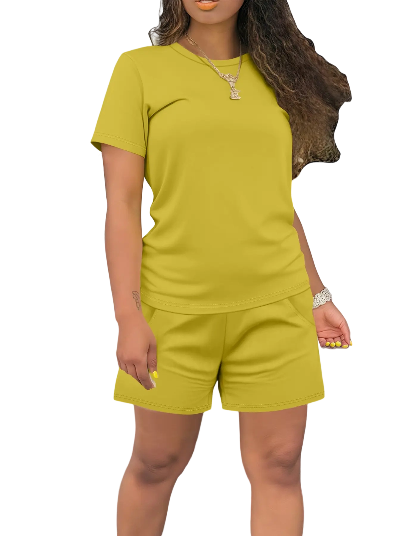 Women's Summer Casual Set, Regular Fit Short Sleeve Top & Shorts, Plain Color Women's, Comfortable Daily Wear Womenswear Fitted Outfit