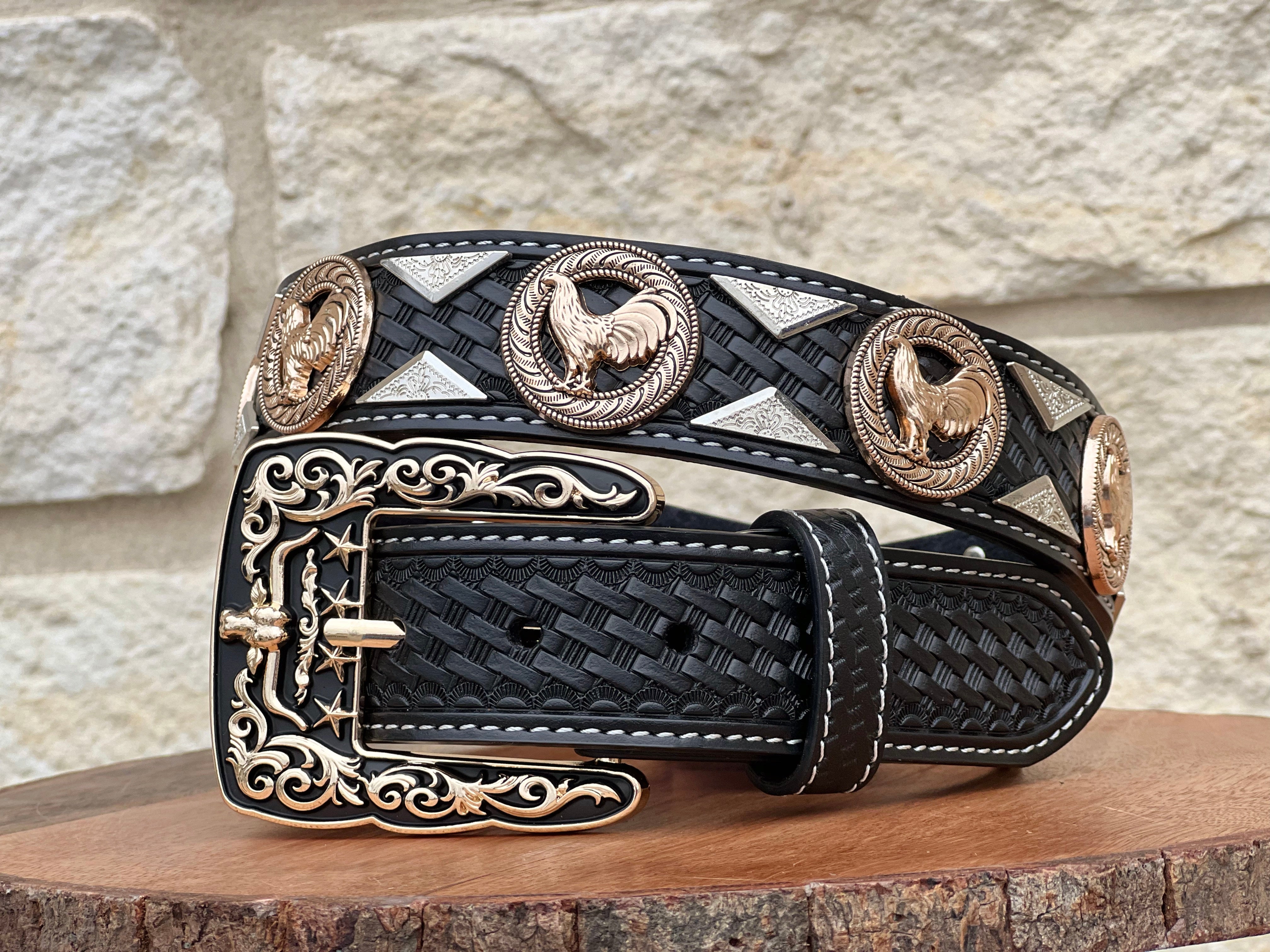 Men’s Black Leather Belt With Rooster Concho
