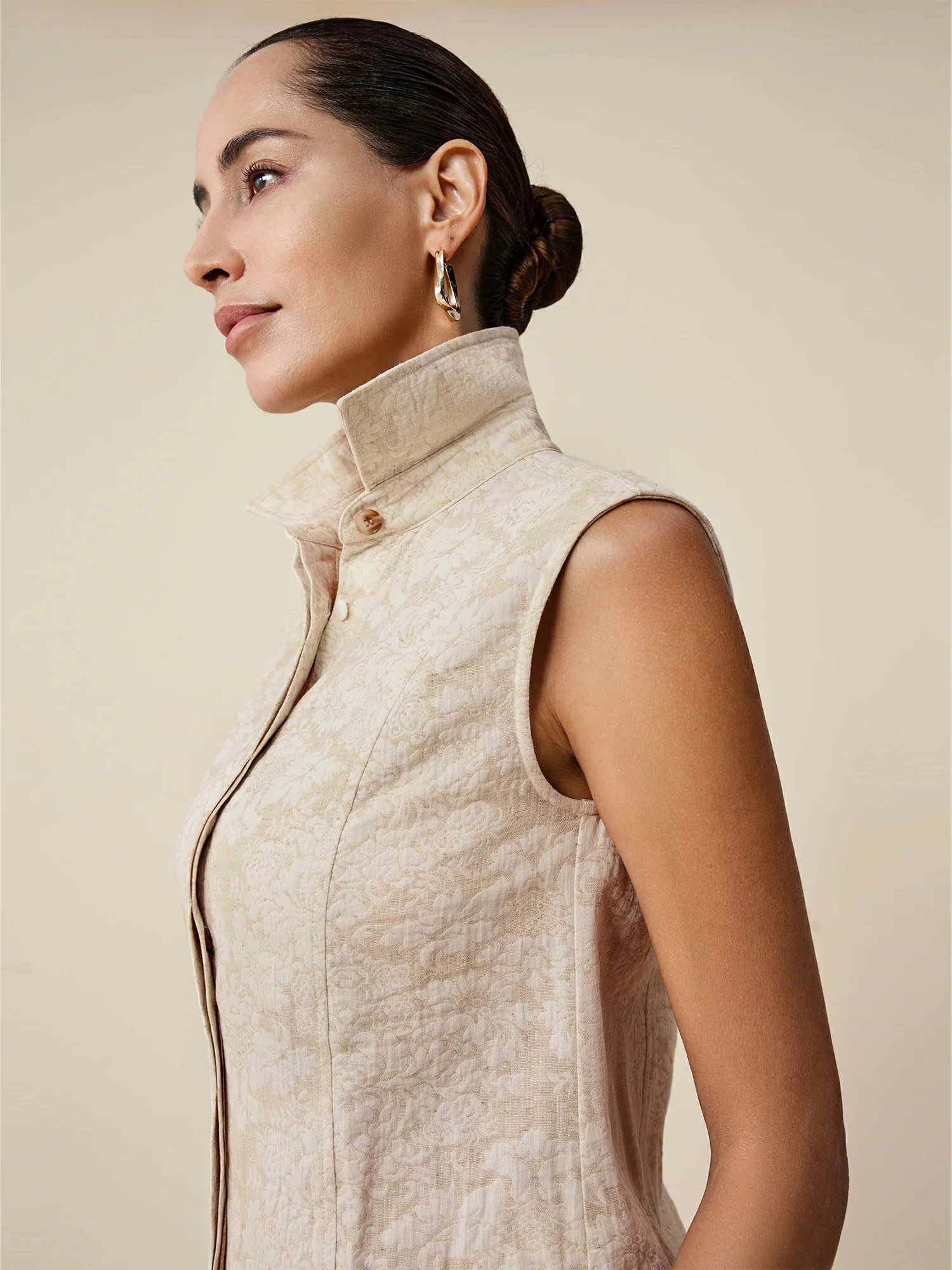 Cotton & Linen Lapel Sleeveless Jacquard Shirt