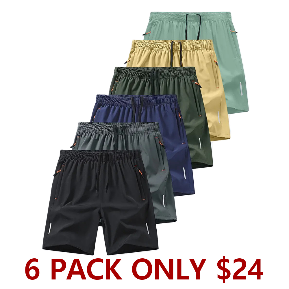 6-Piece Men’s Ice Silk Quick-Dry Shorts, Zipper Pockets, Reflective Strip, Plus Size, for Sports & Casual