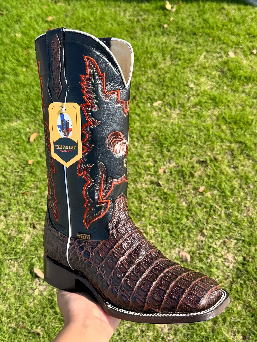 Mens Brown Crocodile Horn-Back Leather Boots With Black Shaft