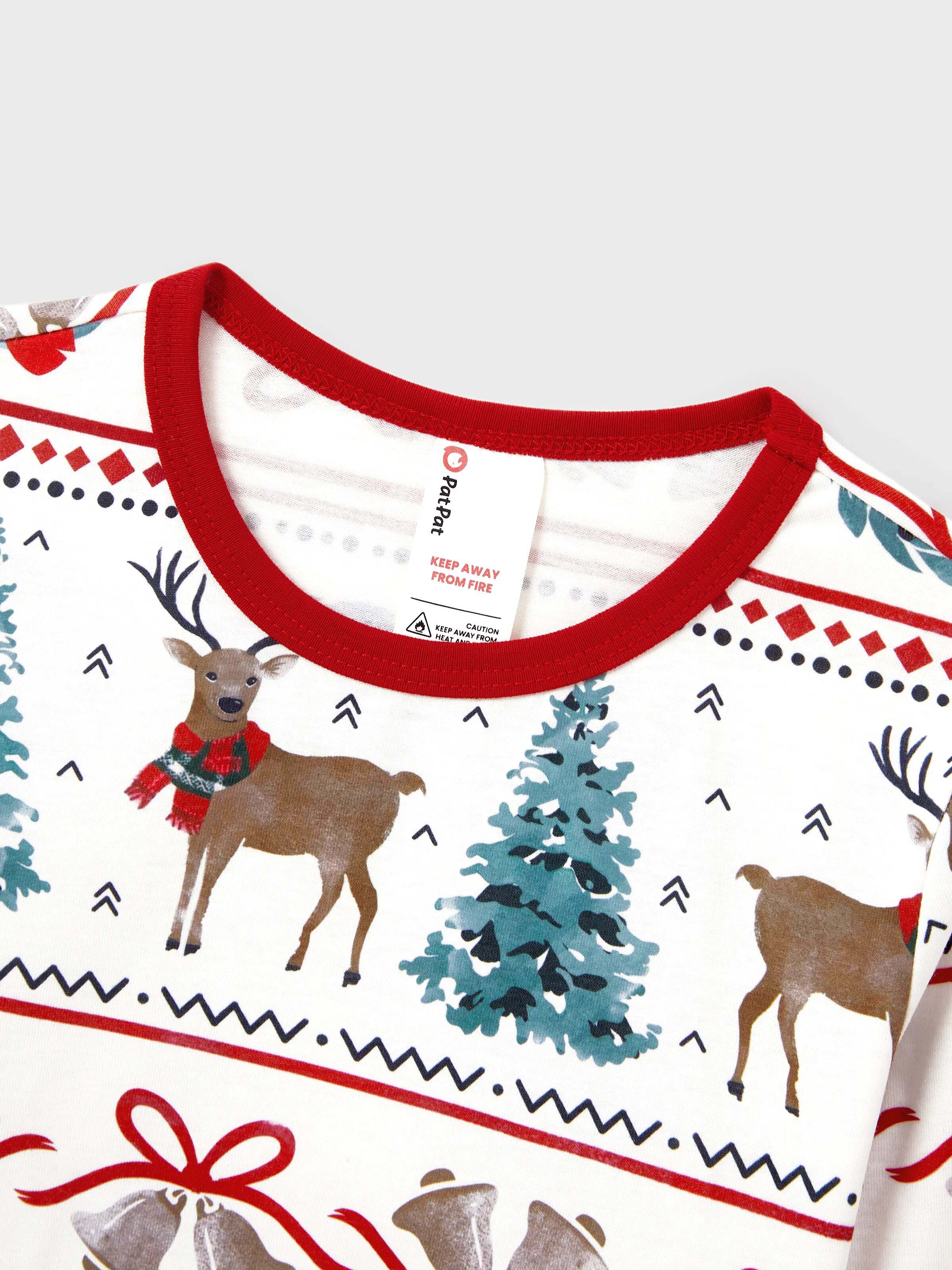 Christmas Matching Family Pajamas Set Christmas Elk and Bell Print Striped PJS with Christmas Socks White