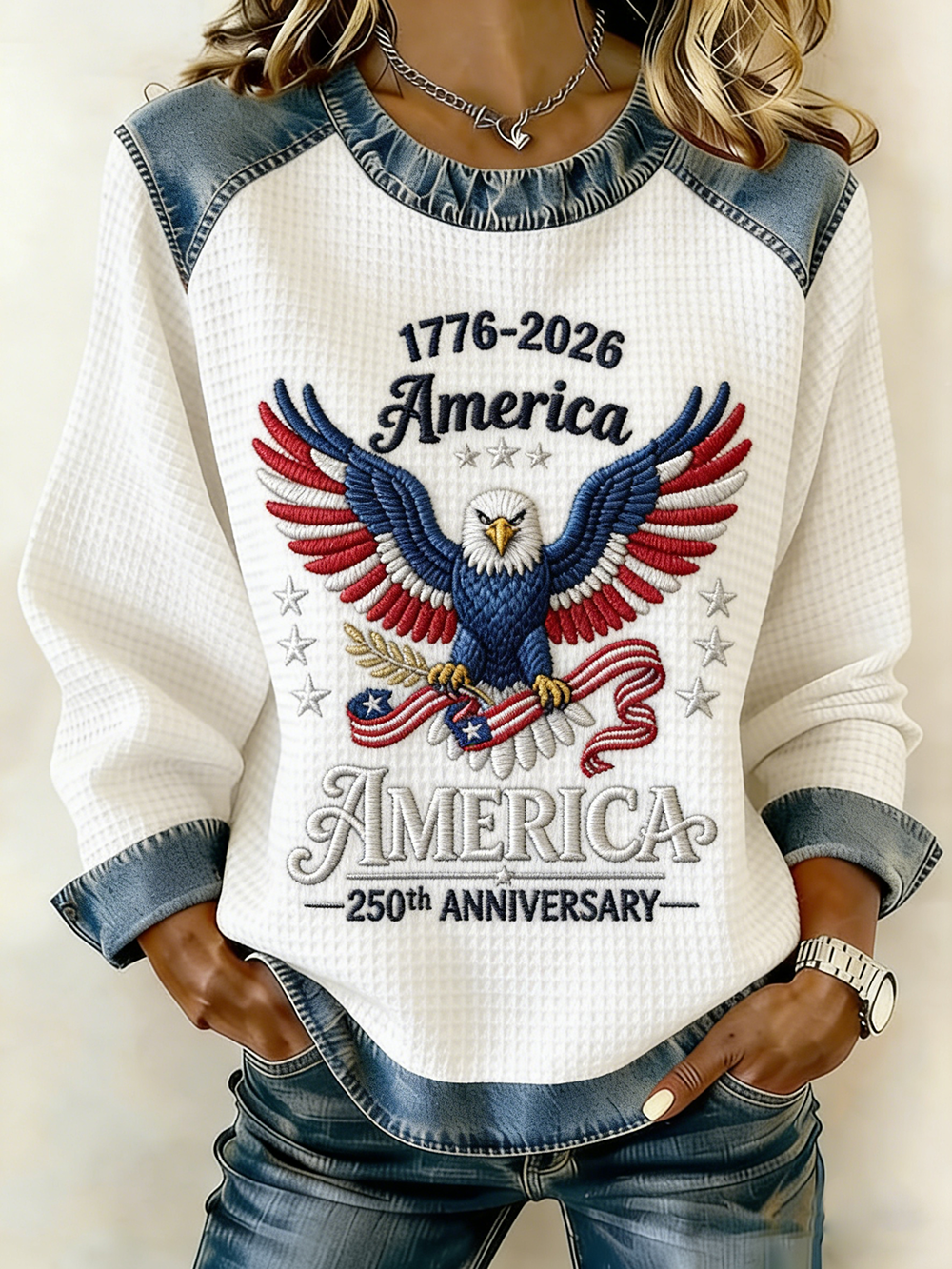 America 250th Anniversary Eagle Embroidered Waffle Knit Top
