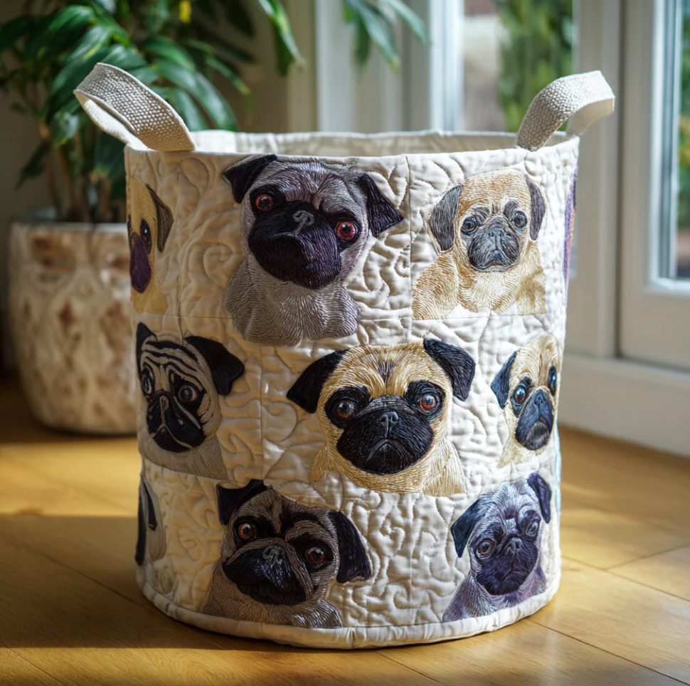 Cute Pug Friends Pattern Quilted Laundry Basket Eco-Friendly Machine Washable Storage Bin for Home Bedroom Bathroom Organization | Dog