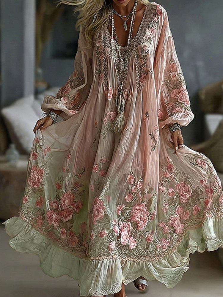 Women's Vintage Floral In Gradient Art Flowy Linen Blend Casual Long Sleeve Maxi Dress