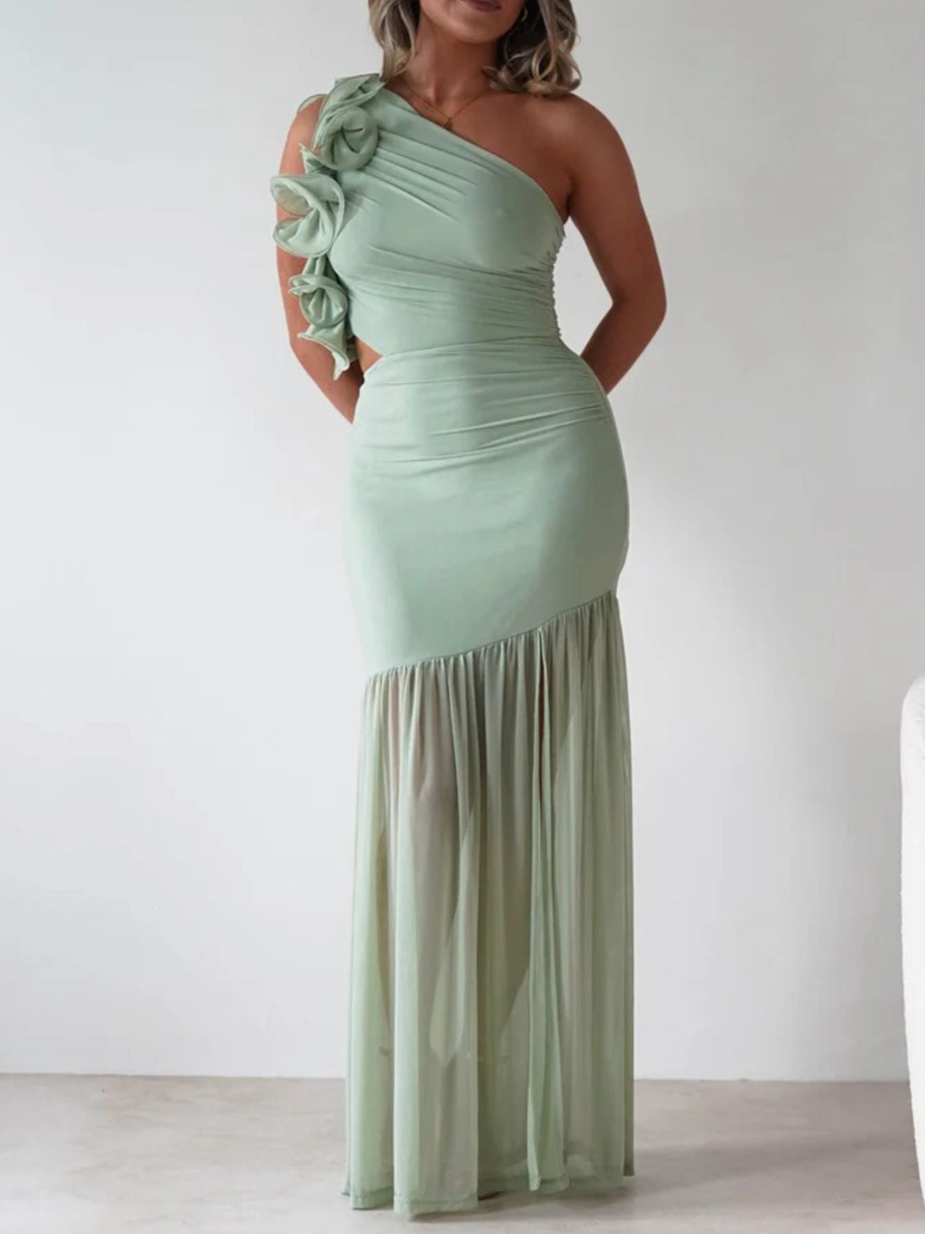 One-Shoulder Ruffle Trim Maxi Dress