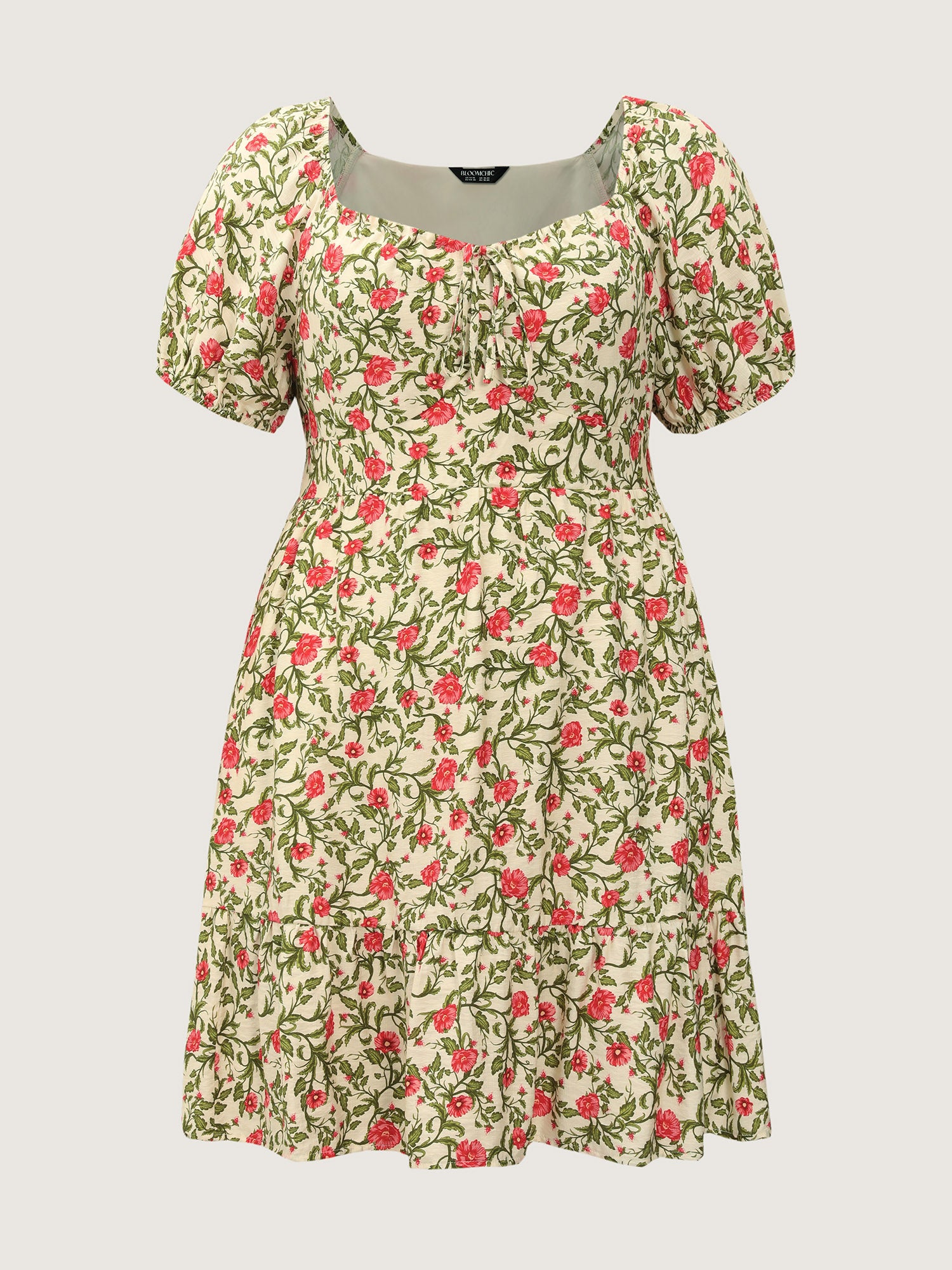 Charming Floral Print Drawstring Neckline Mini Dress