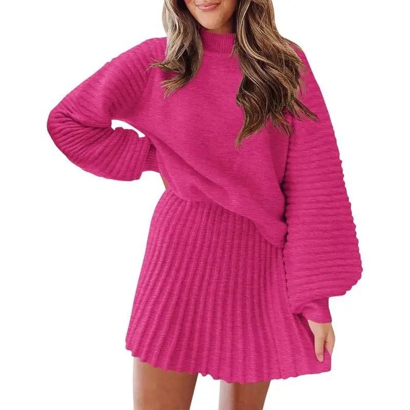 Women's long-sleeved sweater and mini skirt two-piece set