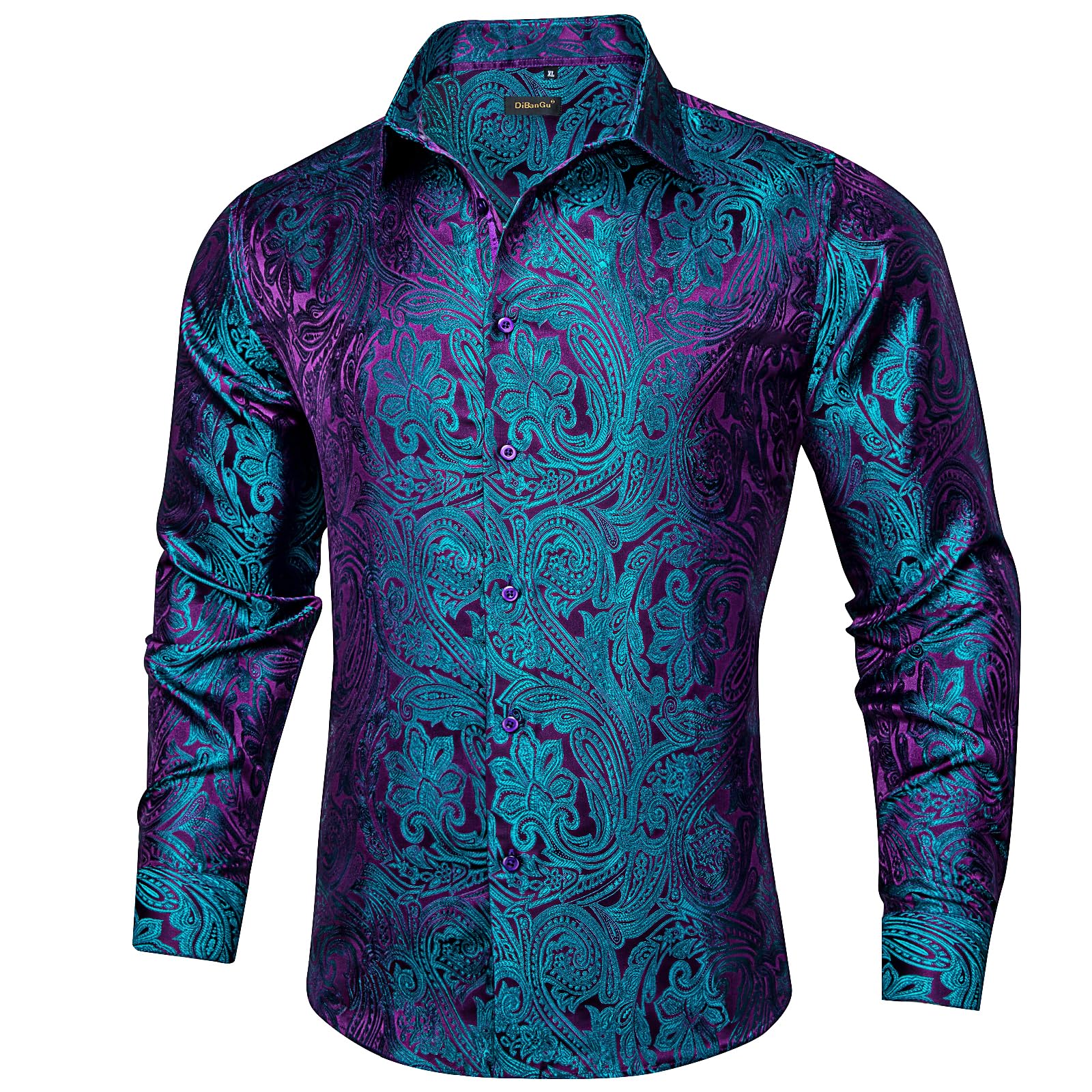Men's Paisley Dress Shirt Long Sleeve Wrinkle Free Button Down Cowboy Shirts - Purple&teal&paisley
