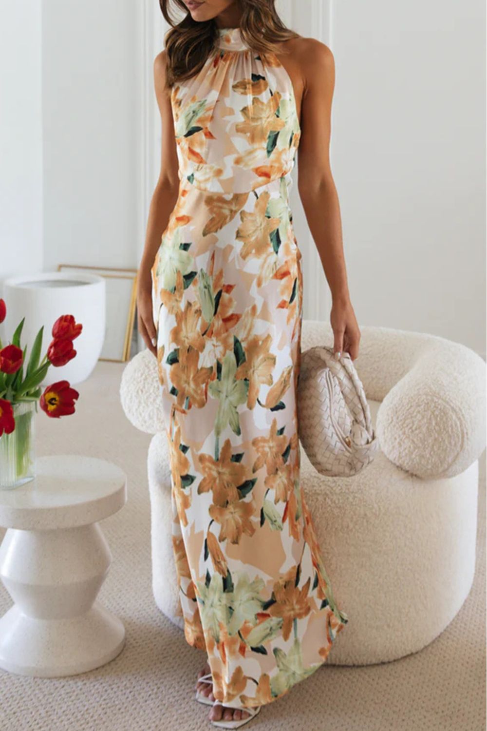 Floral Print Halter Neck Maxi Dress
