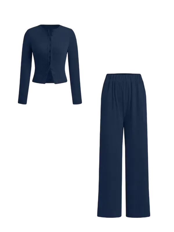 Two-piece Set Women's Solid Button Front Ribbed Crop Top & Elastic Waist Pants