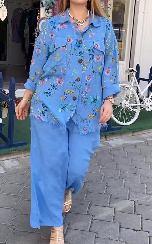 Women Casual Lapel Single-breasted Printed Two-piece Suit