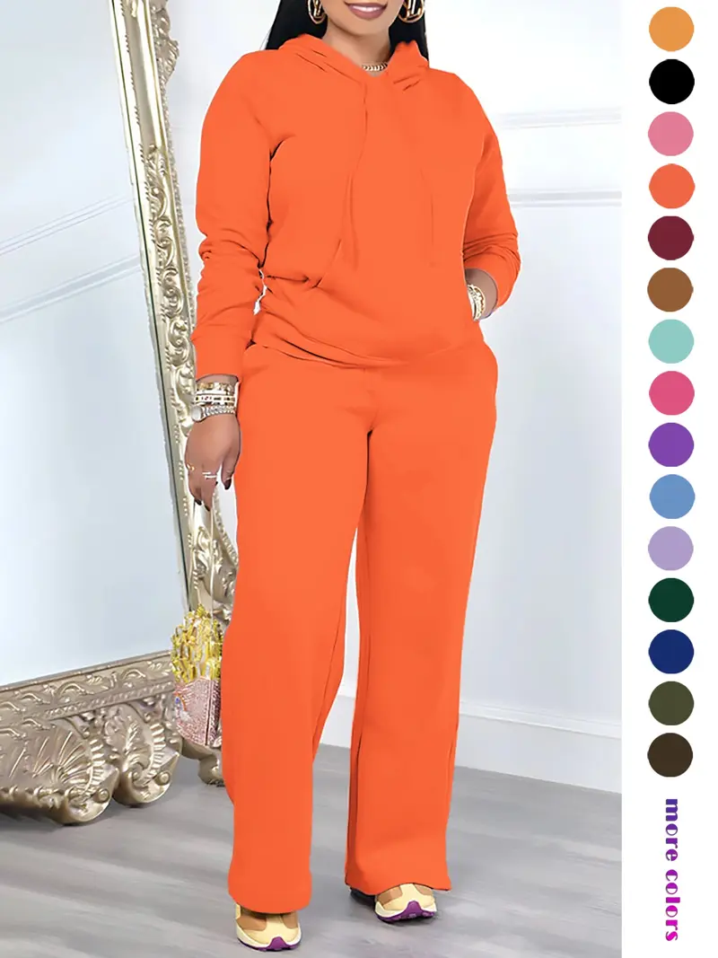 🔥Two-Piece Set Women's Solid Drawstring Hoodie & High Waist Pants Set, Casual Long Sleeve Pocket Hooded Sweatshirt & Straight Leg Trousers for Spring & Fall, Ladies' Clothes for Daily Wear