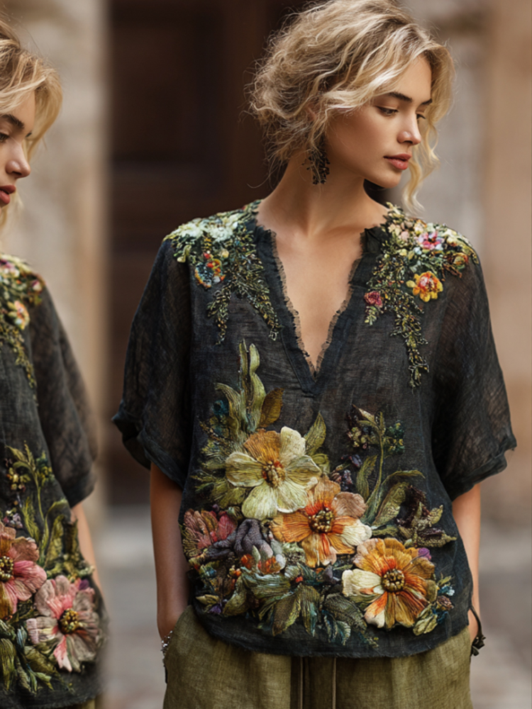 Bohemian Style Three-dimensional Flower Sequin Embroidery Vintage Black V-neck Short Sleeve