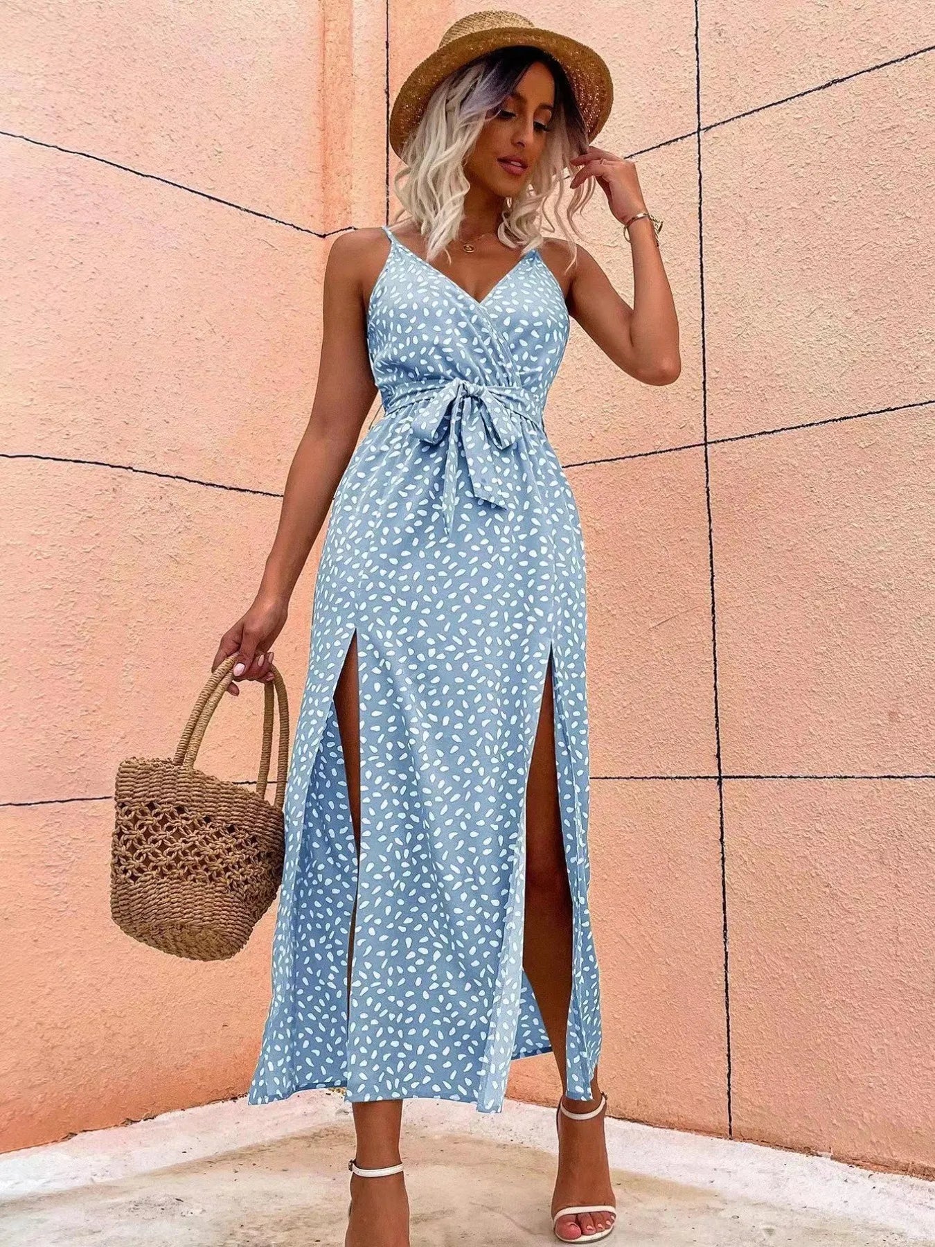 Slit Printed Surplice Midi Dress
