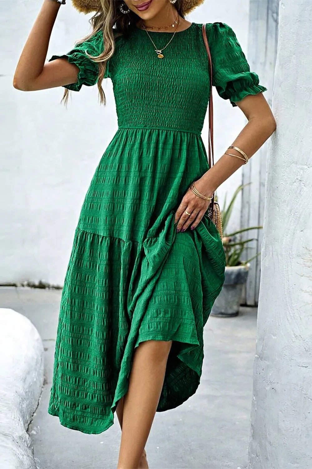 Smocked Puff Sleeve Midi Dress
