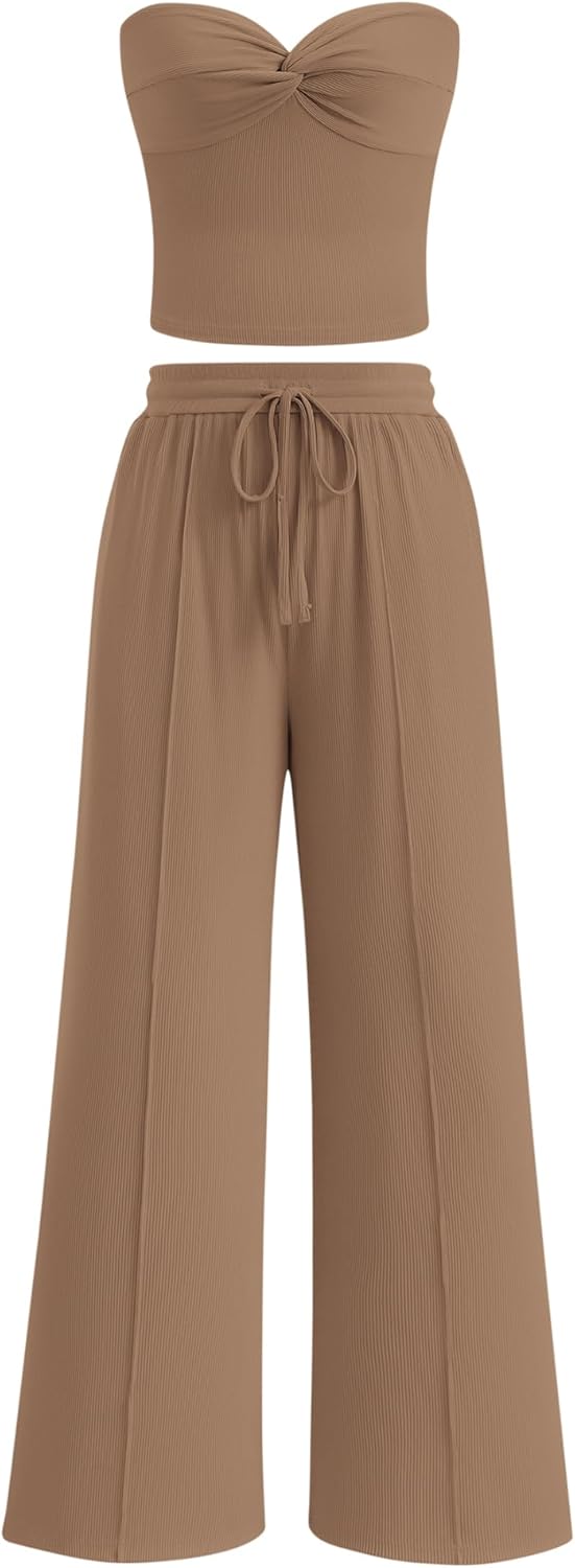 Two Piece Sets For Women Summer Ribbed Strapless Twist Knot Tube Top Pants Set Casual 2026 Beach Vacation Outfits