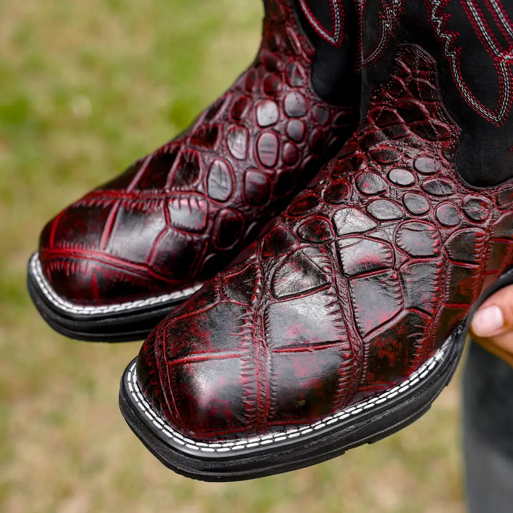Black Cherry Caiman Belly Leather Boots With 3D Lightweight Sole - Composite Toe
