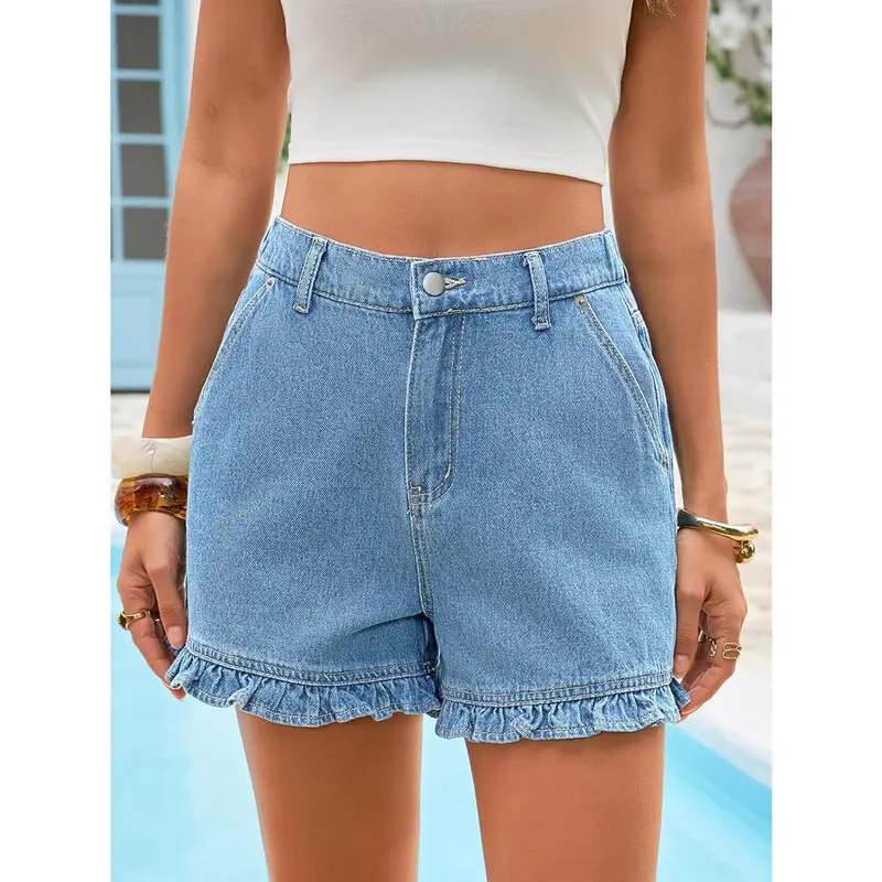 Women's Summer Ruffled Denim Shorts — Cute High-Waisted, Pure Cotton Denim Shorts with Pockets