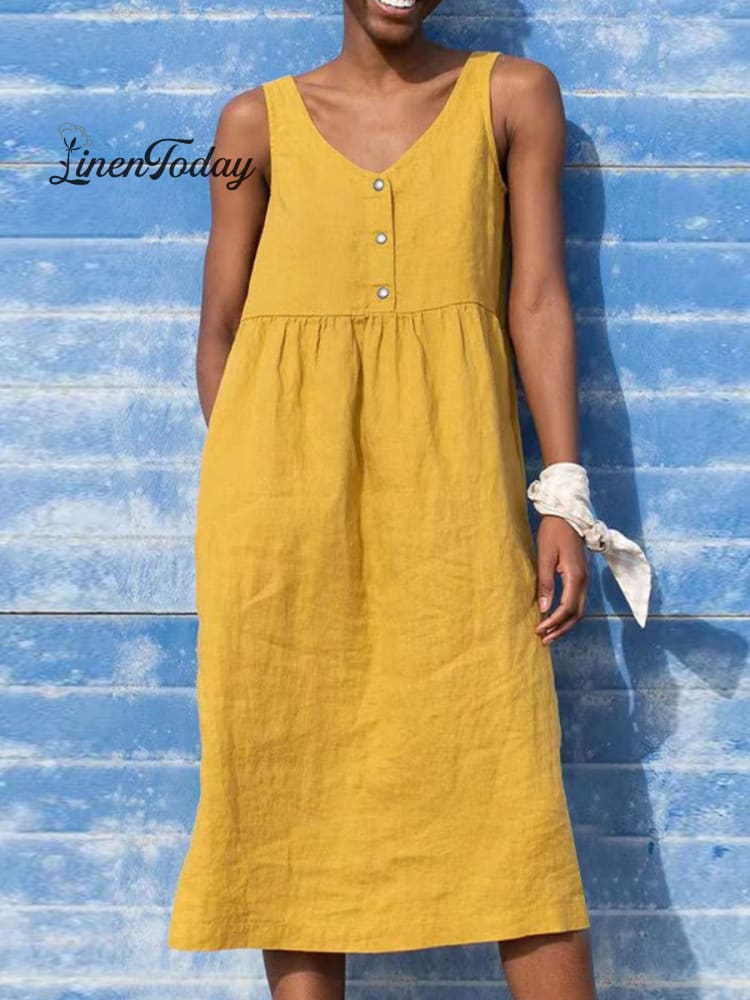 Women's Solid Color Loose Elegant Casual Cotton And Linen Sleeveless Dress