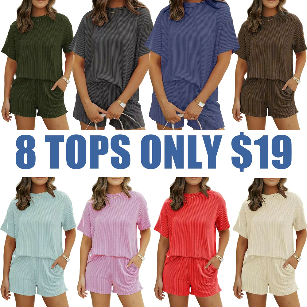 Women's Ribbed Textured Lounge Shorts Set with Pockets