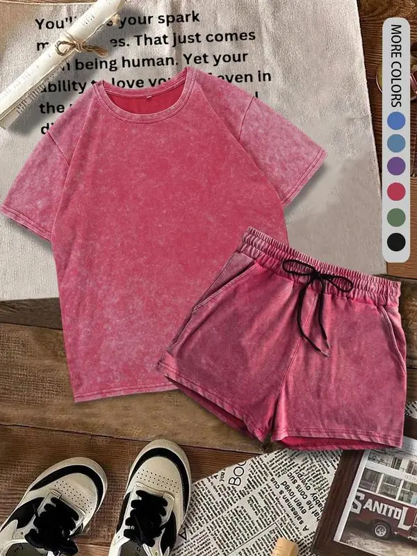 Women's Solid Tee & Denim-Print Shorts Set
