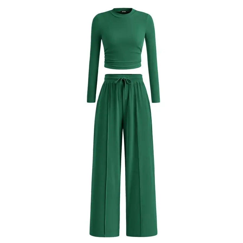 Ribbed Knit Long Sleeve Crop Top Wide Leg Pants