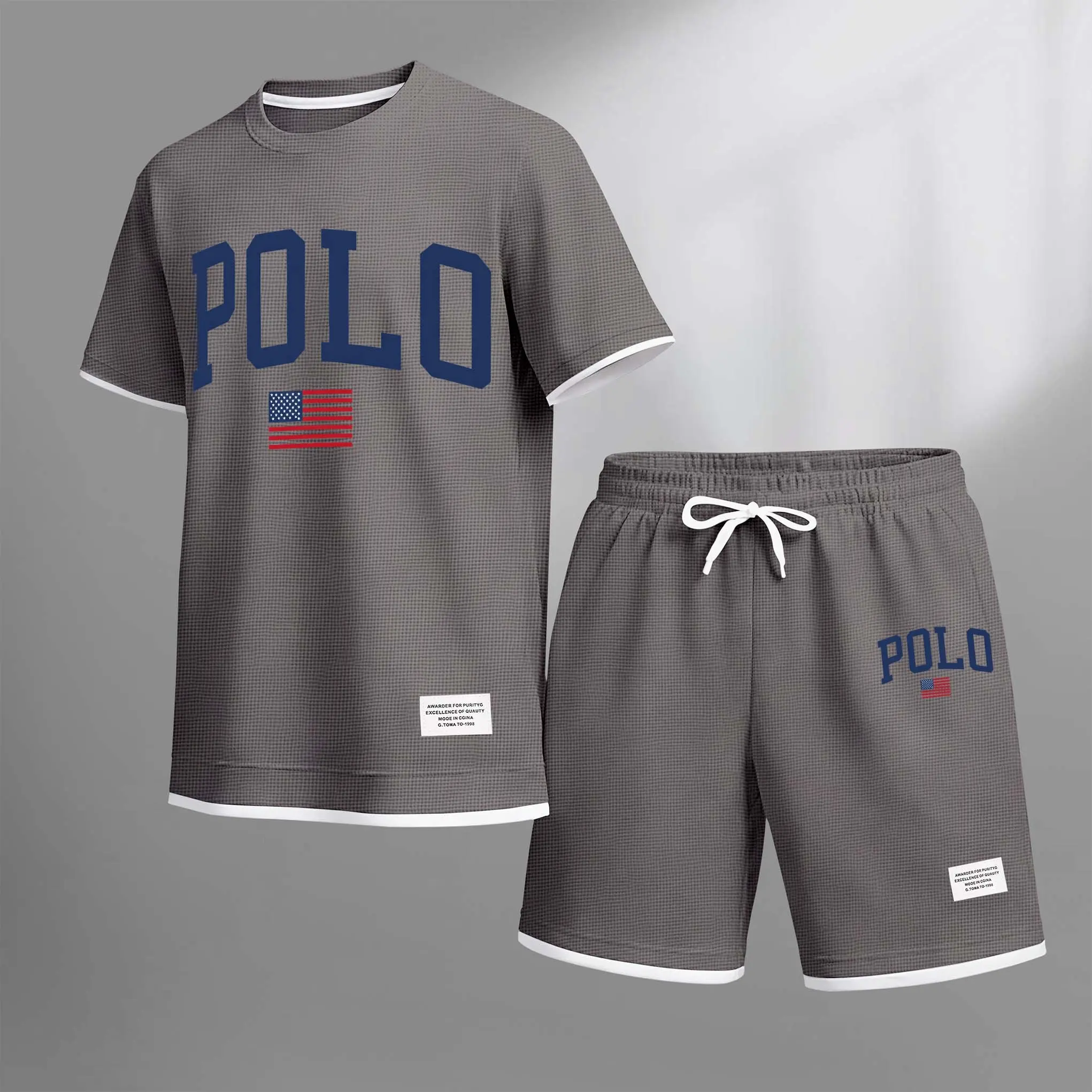 Men's Polo Print Drawstring Shorts Set For Spring/Summer- A Casual Summer Outfit, Including A Short-Sleeved Shirt And Shorts