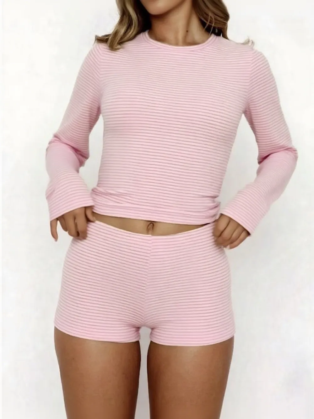 2 Piece Set Women's Casual Striped Shirt + Hot Pants