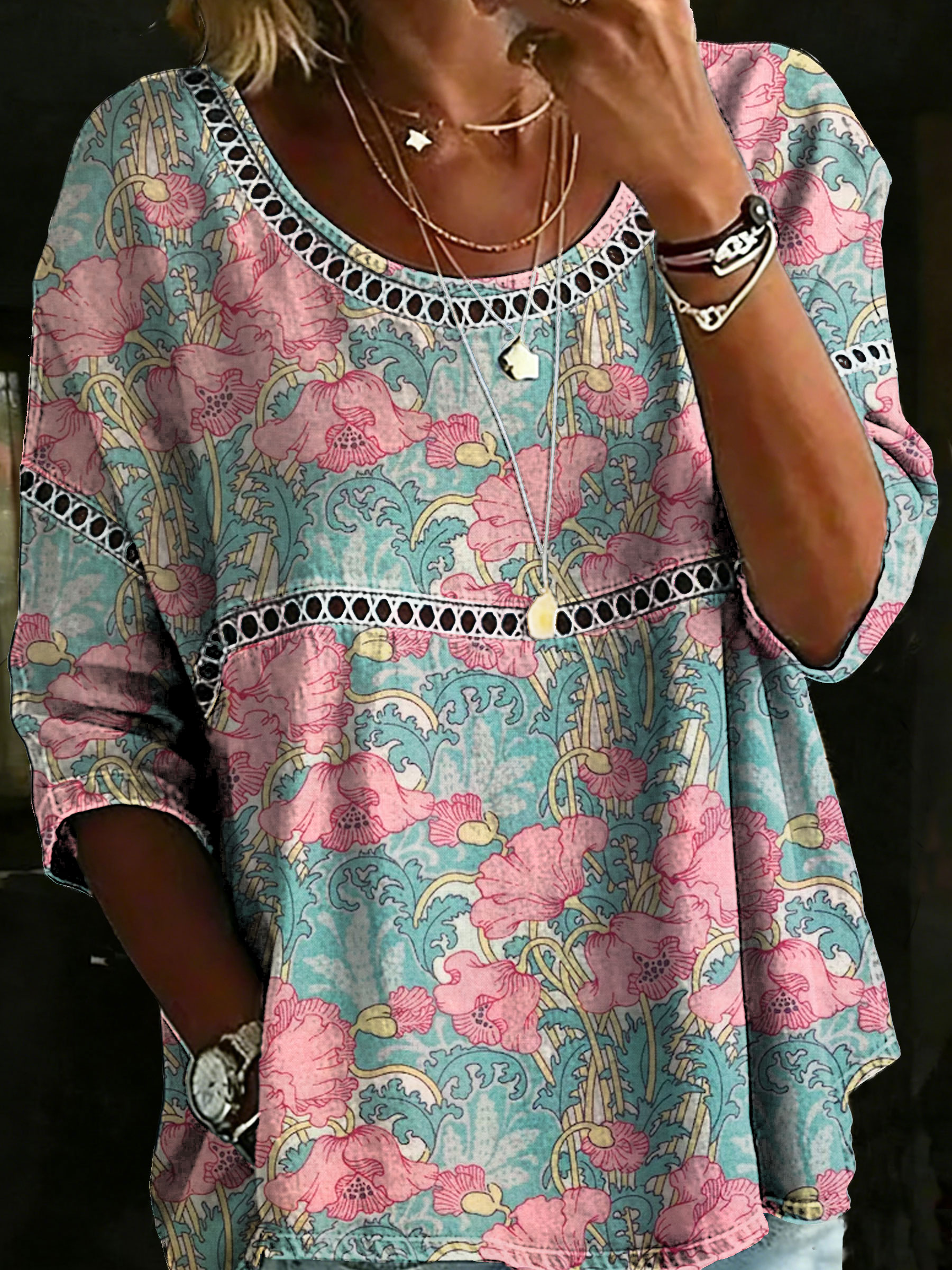 Women's Vintage Flower Casual Loose Denim Blouse Shirt