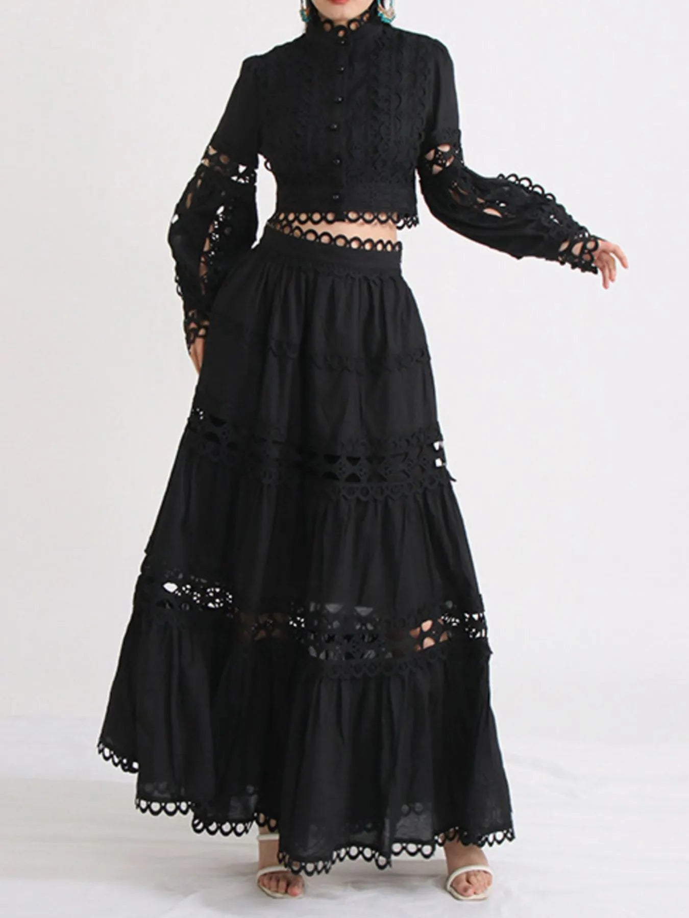 Lace Button Up Long Sleeve Top and Skirt Set