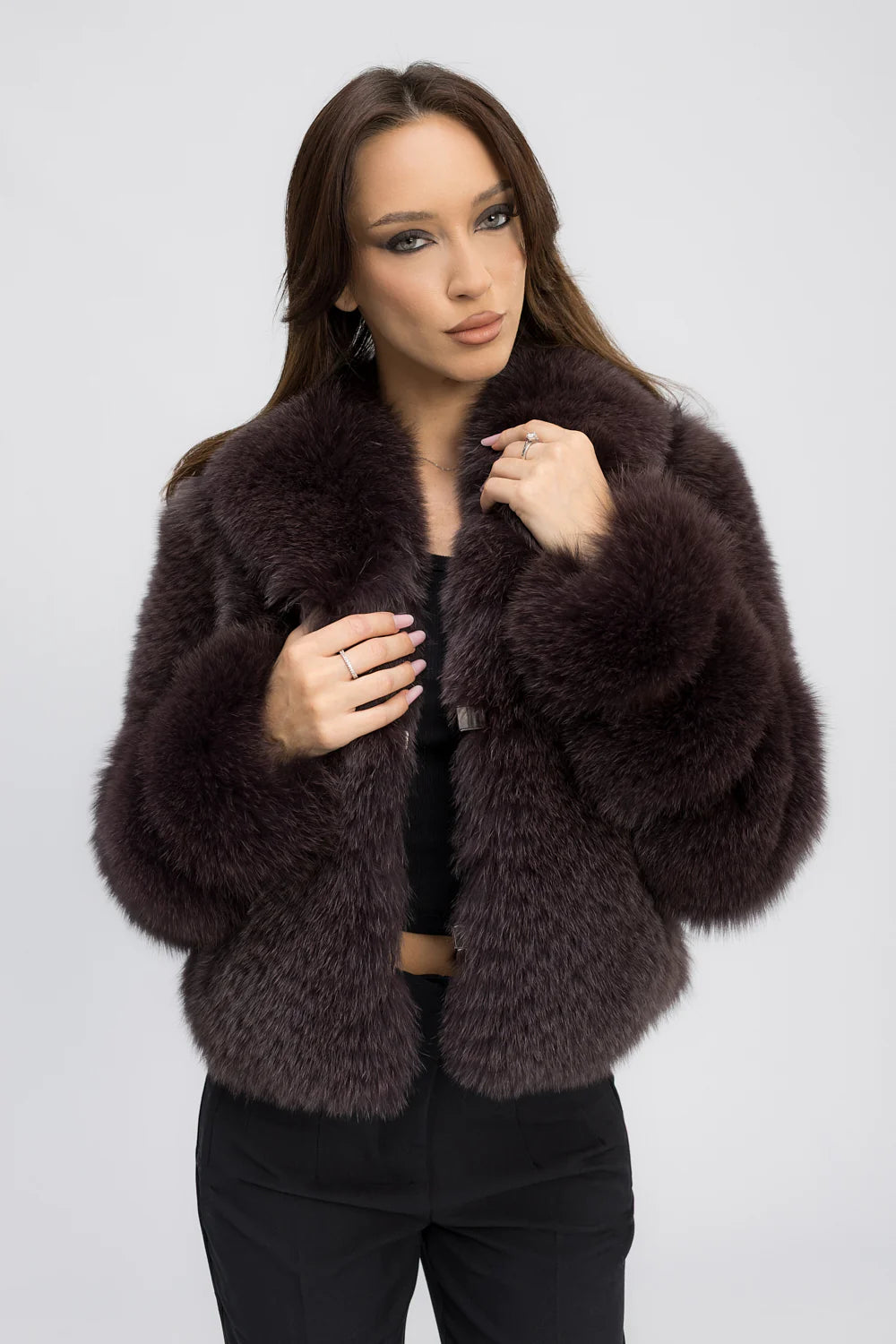 Haină din Blană Naturală de Vulpe Polară, cu Guler Rever, Femei, Cocoa Plum 472