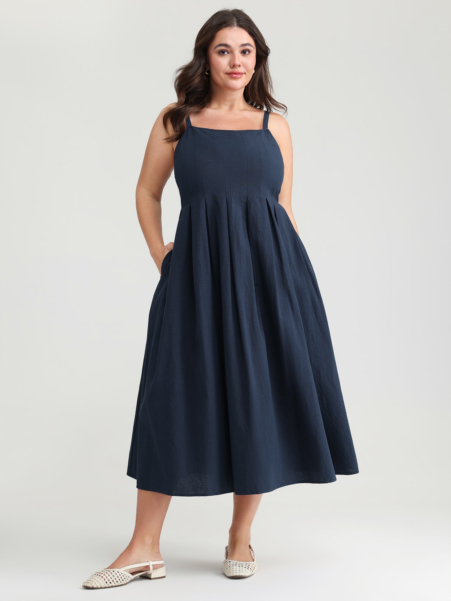 Pure Cotton Pleated Adjustable Midi Dress