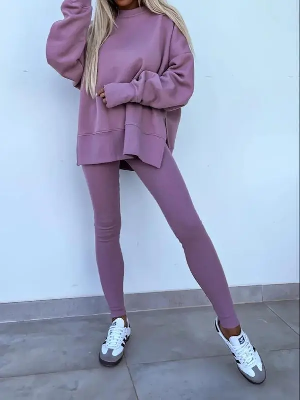 Women's Solid Long Sleeve Pullover & Leggings Sports Set