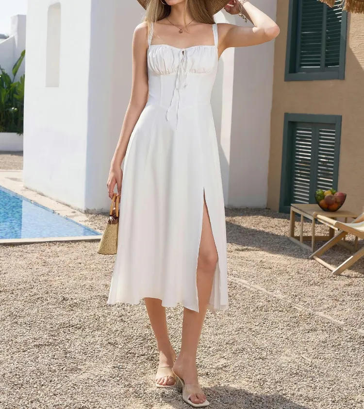 Plus Size Women's Elegant Lace Up Midi Dress – Square Neck, Tie Front