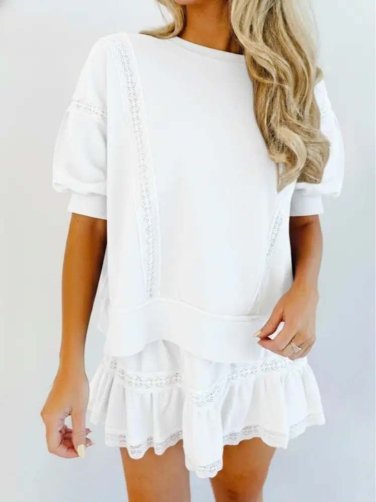 Fisoew Women's 2 Piece Cotton Lace Trim Outfit Set Short Sleeve Puff Sleeve Top & Ruffled Shorts Soft Casual Outfit