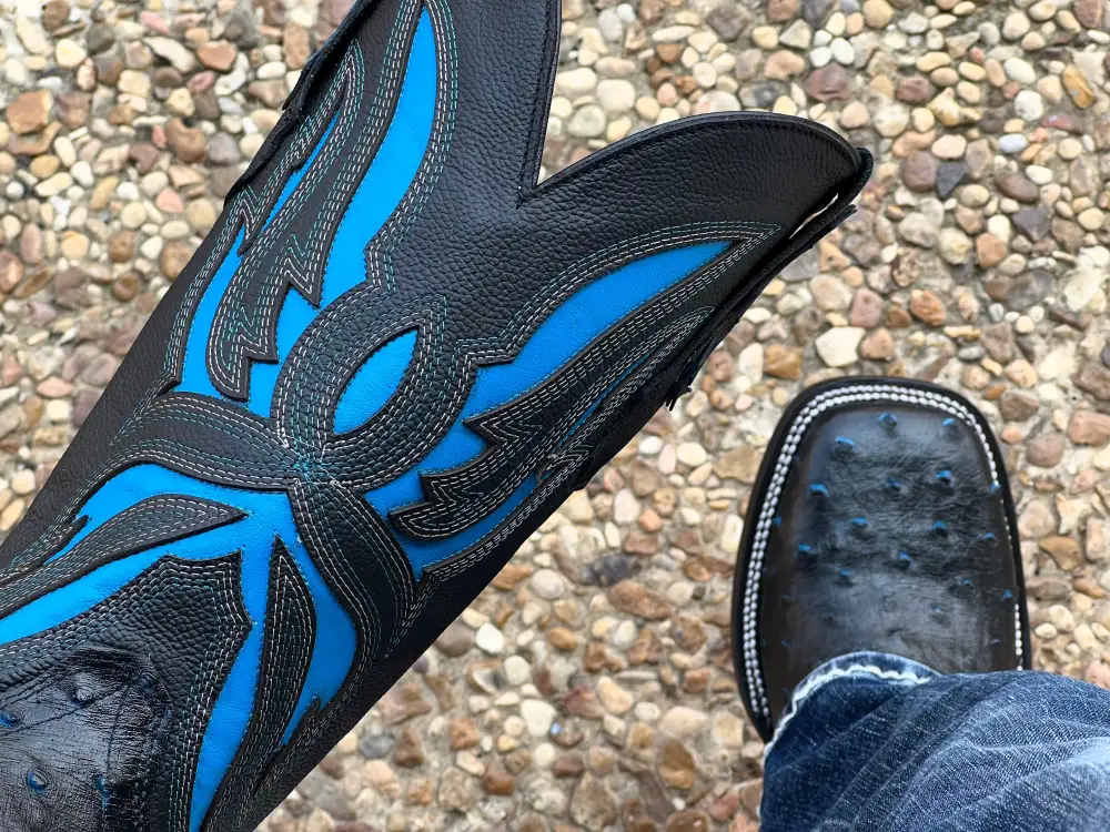 Men’s Black-Blue Ostrich Leather Boots With Red Soles