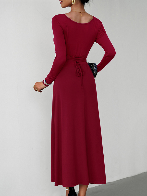 Solid Color Tied Waist A-Line High Waisted U-Neck Midi Dresses