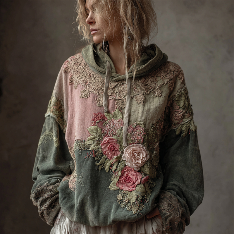 Vintage Pink Roses Colorblock Lace Patchwork Hoodie