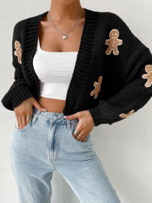 Women's Gingerbread Sweater Cartoon Drop Shoulder Cropped Christmas Cardigan