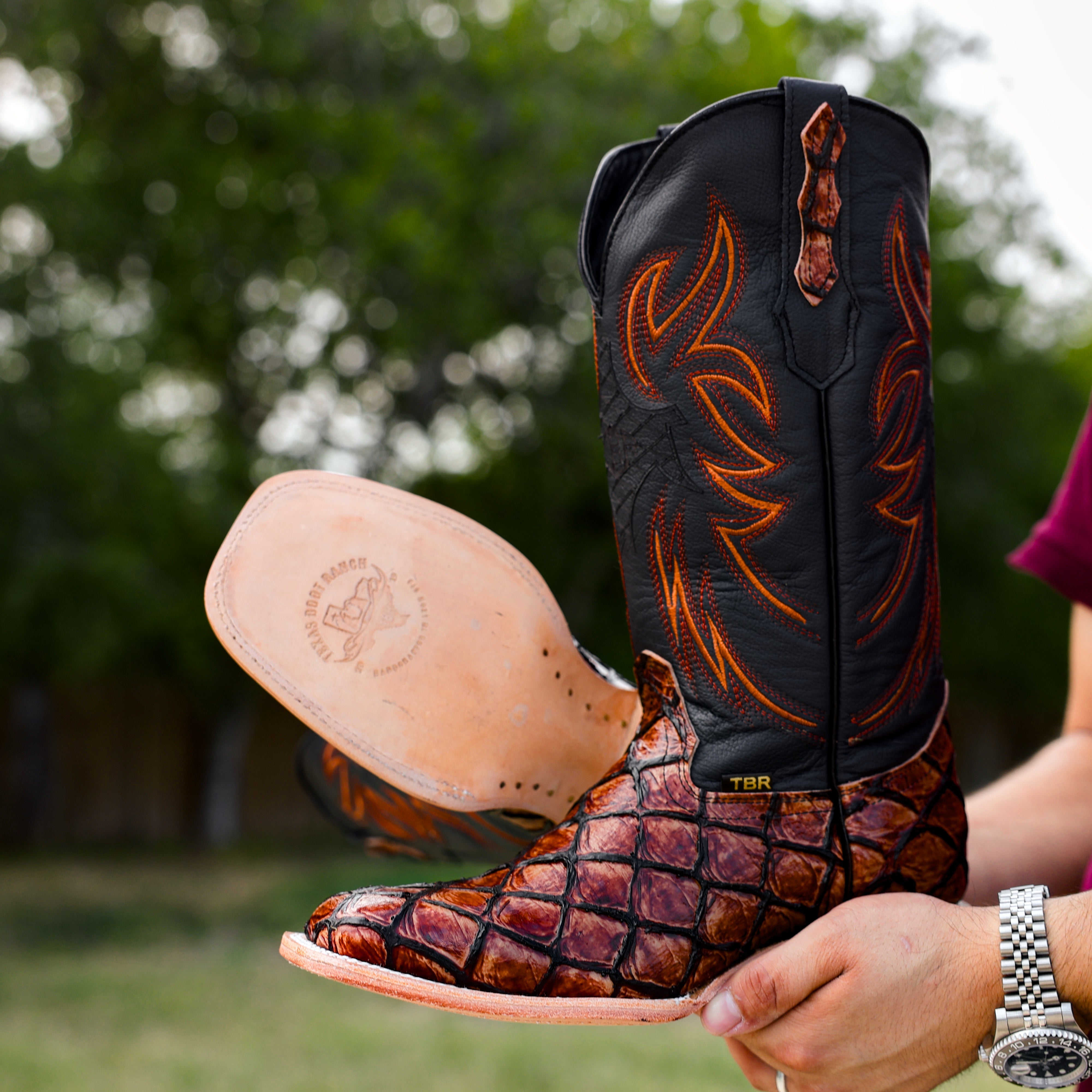Cognac Pirarucu Leather Boots - Square Toe